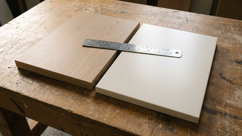 Dua panel contoh berdampingan, satu berfinishing HPL kayu dan satu berfinishing duco warna solid