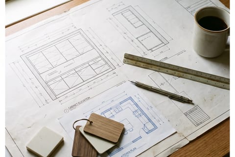 Lembar gambar kerja denah dan potongan detail kabinet di atas meja bersama skala dan sampel material