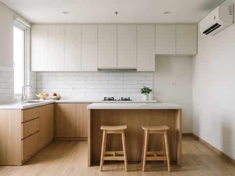 Dapur bentuk L 3,2 meter lari dengan kabinet atas HPL putih doff dan backsplash keramik susun bata