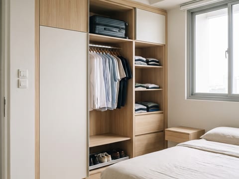 Kamar utama dengan lemari setinggi 2,75 m terbuka memperlihatkan gantungan, rak koper, dan rak sepatu tarik