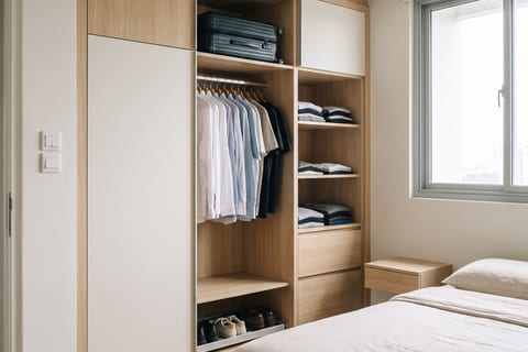 Kamar utama dengan lemari setinggi 2,75 m terbuka memperlihatkan gantungan, rak koper, dan rak sepatu tarik