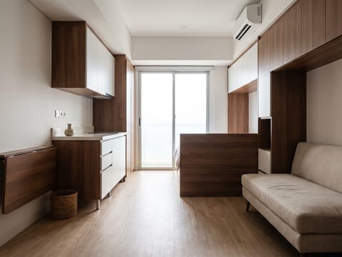 Unit studio 26 m² bergaya Mid-Century dengan kabinet HPL walnut dan putih serta lantai vinyl SPC 4 mm