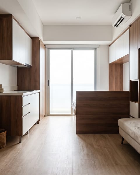 Unit studio 26 m² bergaya Mid-Century dengan kabinet HPL walnut dan putih serta lantai vinyl SPC 4 mm