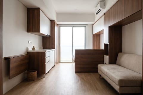 Unit studio 26 m² bergaya Mid-Century dengan kabinet HPL walnut dan putih serta lantai vinyl SPC 4 mm