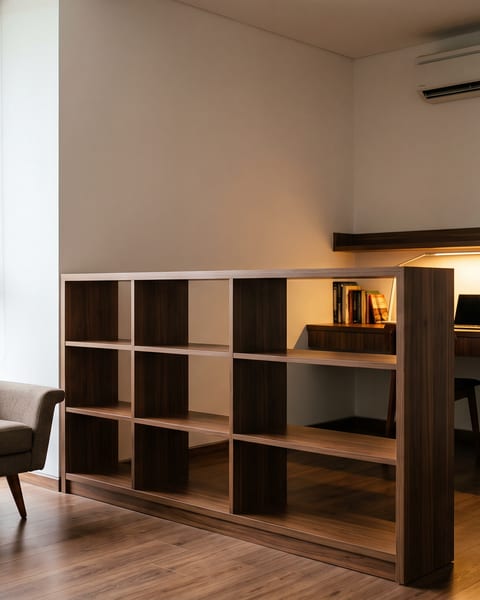 Ruang keluarga Mid-Century 34 m² dengan meja kerja permanen dan rak terbuka setinggi 1,2 m sebagai pembatas