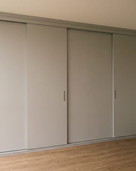 Lemari pakaian 6,2 meter lari berfinishing HPL dengan pintu geser, dipasang di kamar rumah tinggal