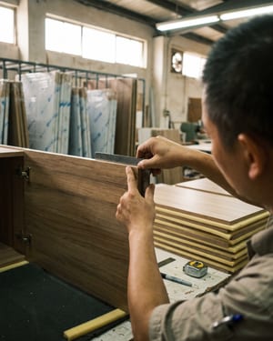Production lead memeriksa panel kabinet yang sudah di-edging di area quality control workshop