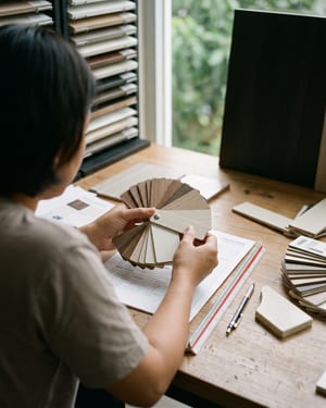 Principal designer memeriksa sampel HPL dan lembar spesifikasi material di meja kerja studio