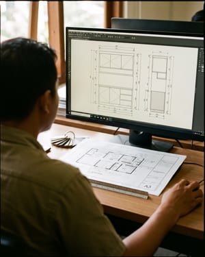 Drafter menyiapkan gambar kerja detail kabinet di layar dengan denah cetak di sebelahnya